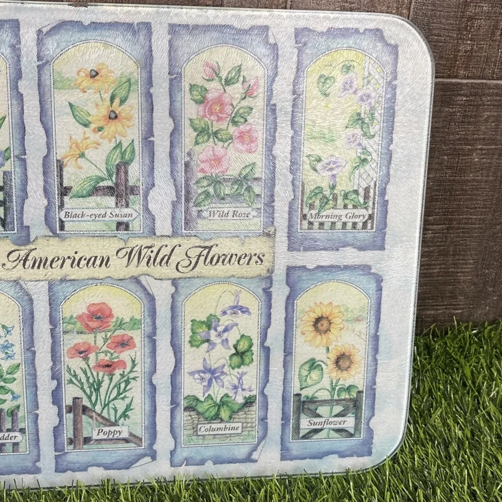 Vintage‎ North American Wildflowers Glass Cutting Board Floral Botanical